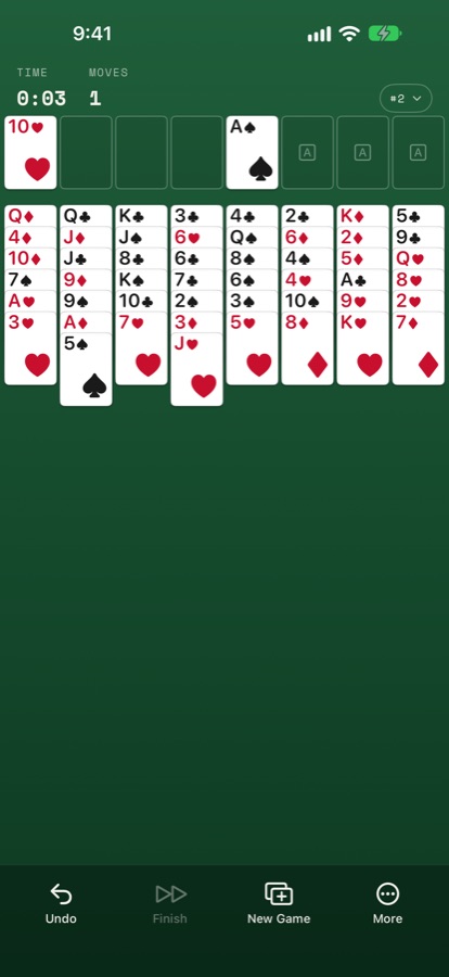 FreeCell on iPhone: game 2 in progress, a card in a free cell and the ace of spades home