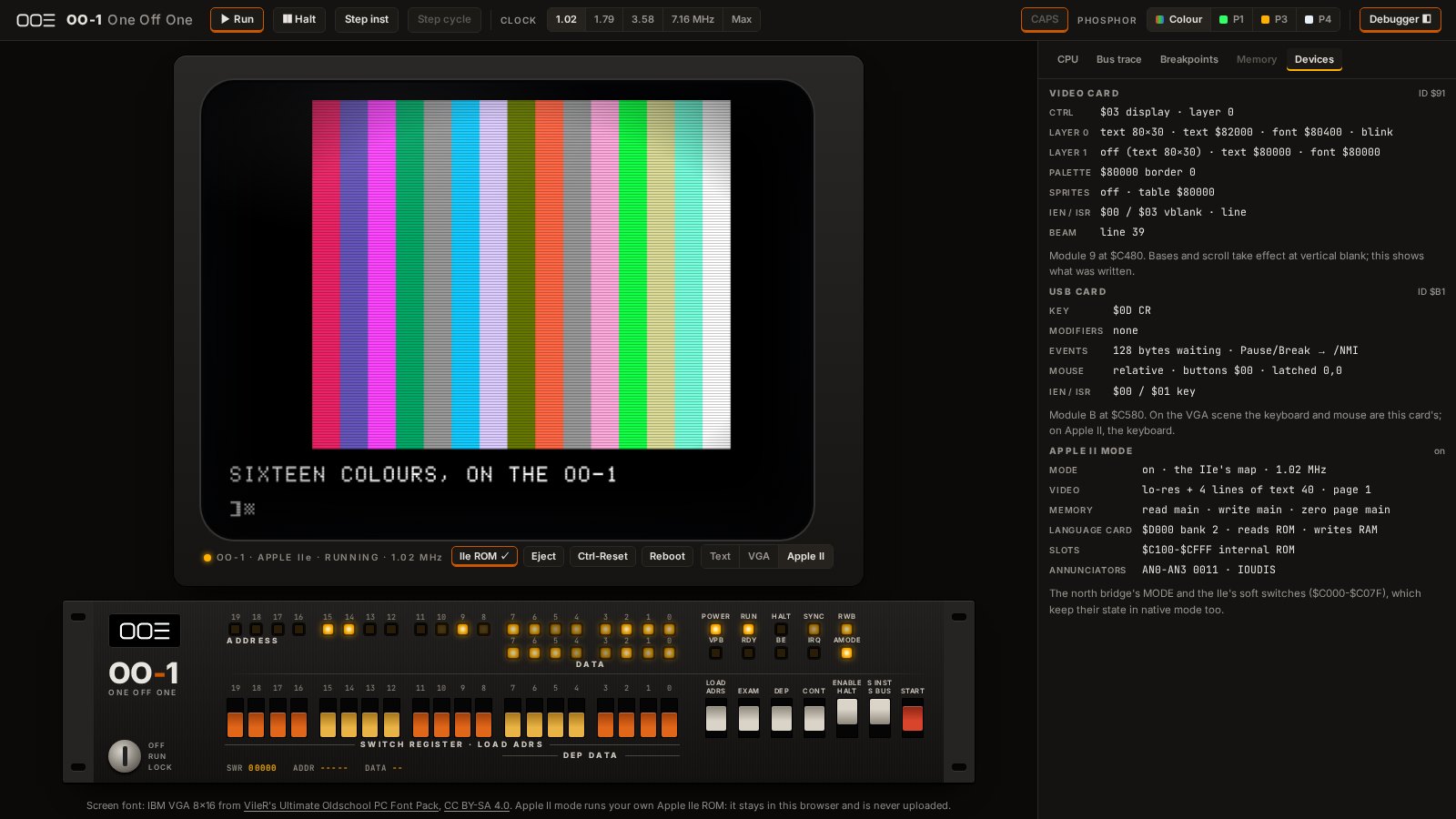 The OO-1 in Apple II mode: sixteen vertical bars in the Apple's lo-res colours, drawn by an Applesoft program, with SIXTEEN COLOURS, ON THE OO-1 printed below; the debugger's Devices tab shows the IIe's soft switches