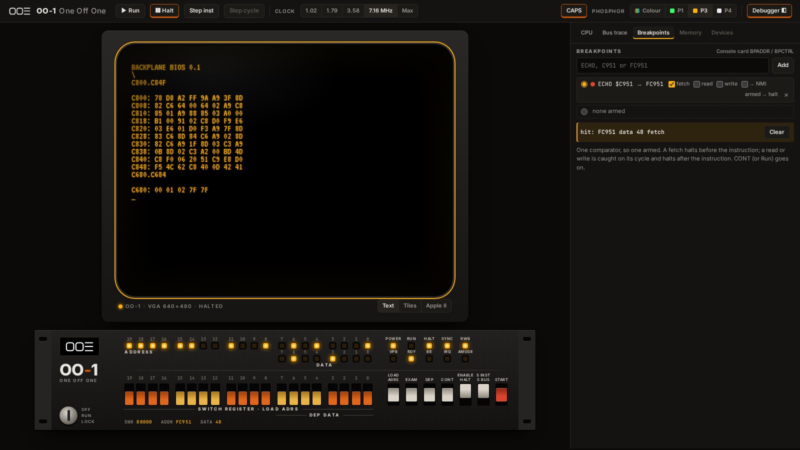 A breakpoint on the ECHO routine has halted the CPU; the debugger shows the hit at FC951, data 48, and the panel lights show the same address