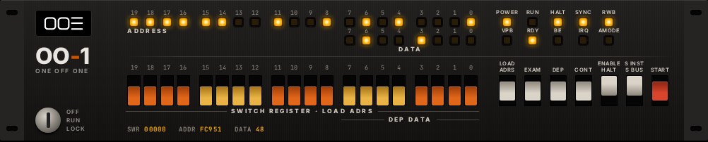 The OO-1 front panel: address and data lights, a 20-bit switch register, LOAD ADRS, EXAM, DEP, CONT, HALT and START switches, and a keyswitch