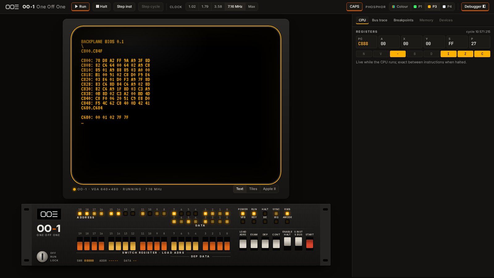 The OO-1 emulator: the Woz Monitor dumping the BIOS on an amber CRT, the front panel below, the CPU registers on the right