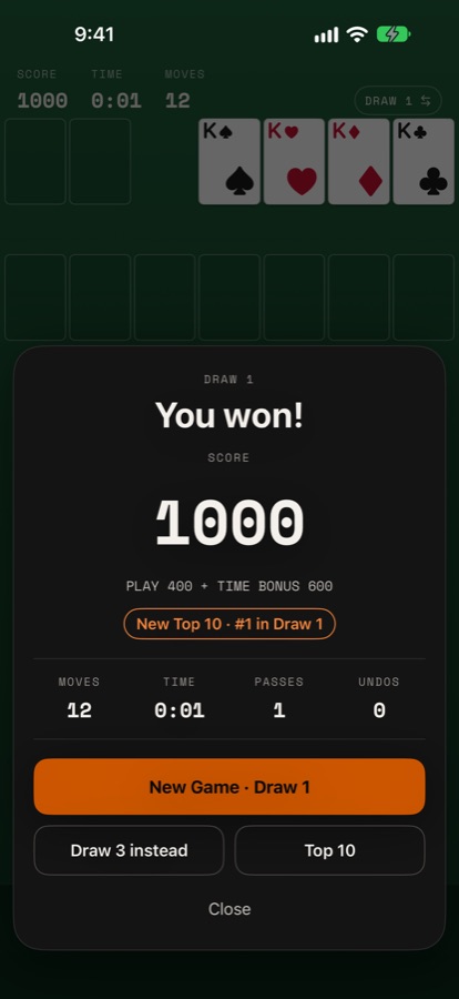 The win card: 1000 points, play 400 plus a time bonus of 600
