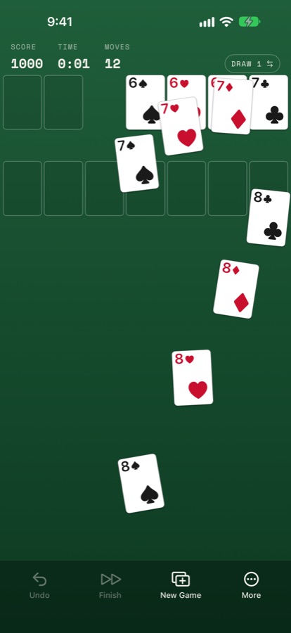 The Rainfall win animation: cards falling from the foundations