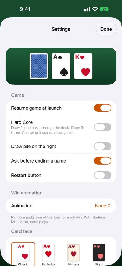 Settings, with Hard Core, Restart and the card faces